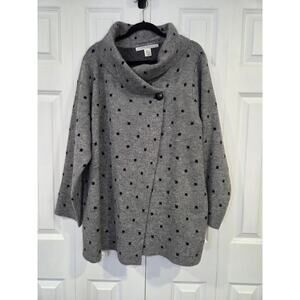 Max Studio Knit Wool Blend Gray/ Black Polka Dot Cardigan Cowl Neck Sweater 3x